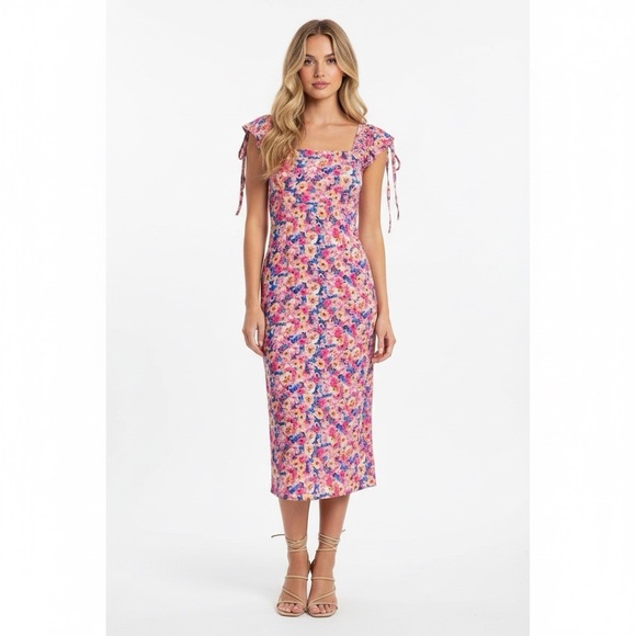 Sadie & Sage Dresses & Skirts - Sadie & Sage Pink Floral Puff Sleeve Midi Dress Small NWT Romantic Boho Smocked